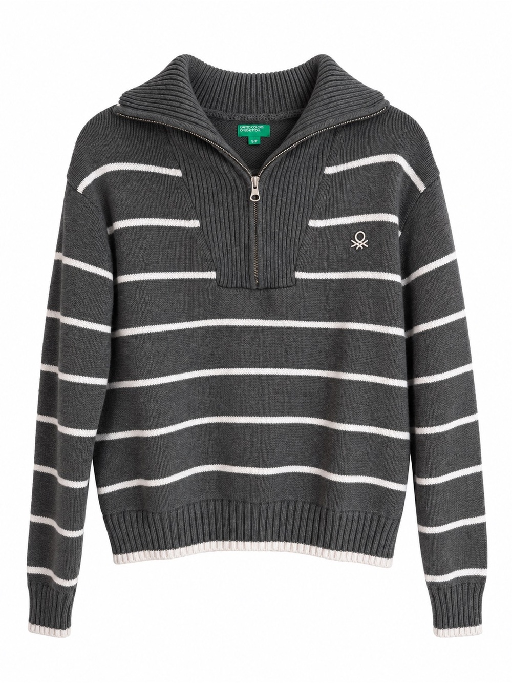 United Colors Of Benetton Dark Gray & White Striped Half-Zip Sweater